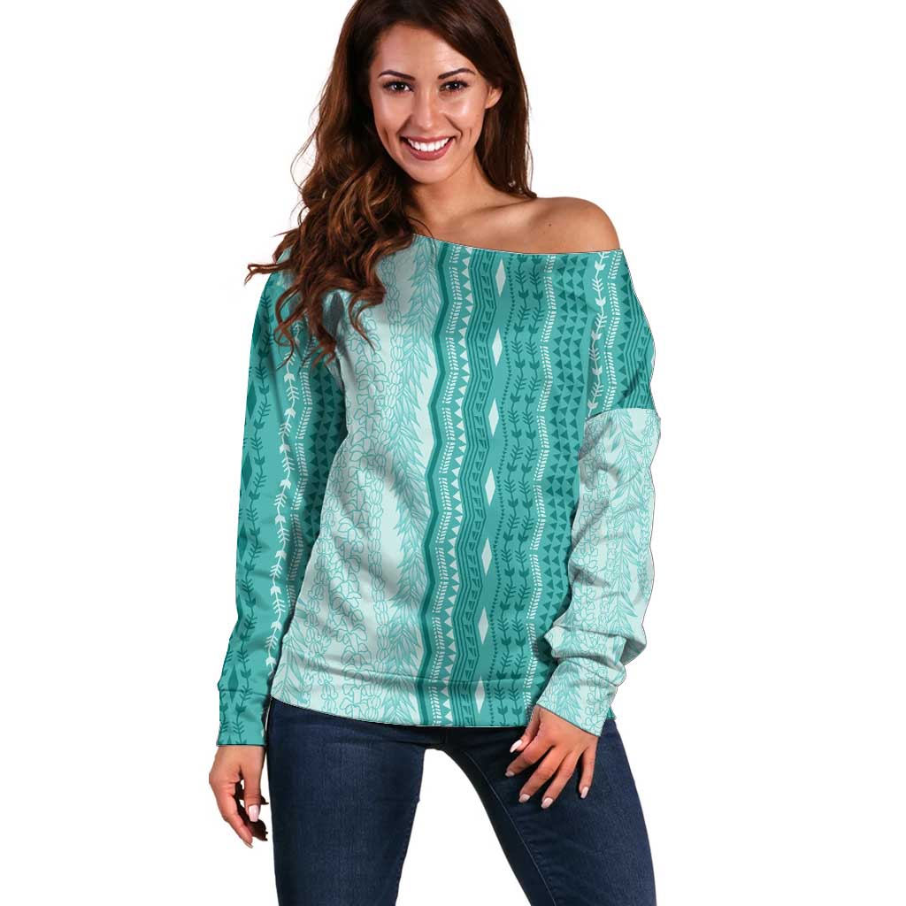 Vintage Teal Hawaiian Traditional Kapa Mix Flowers Lei Off Shoulder Sweater LT7 Women Teal - Polynesian Pride
