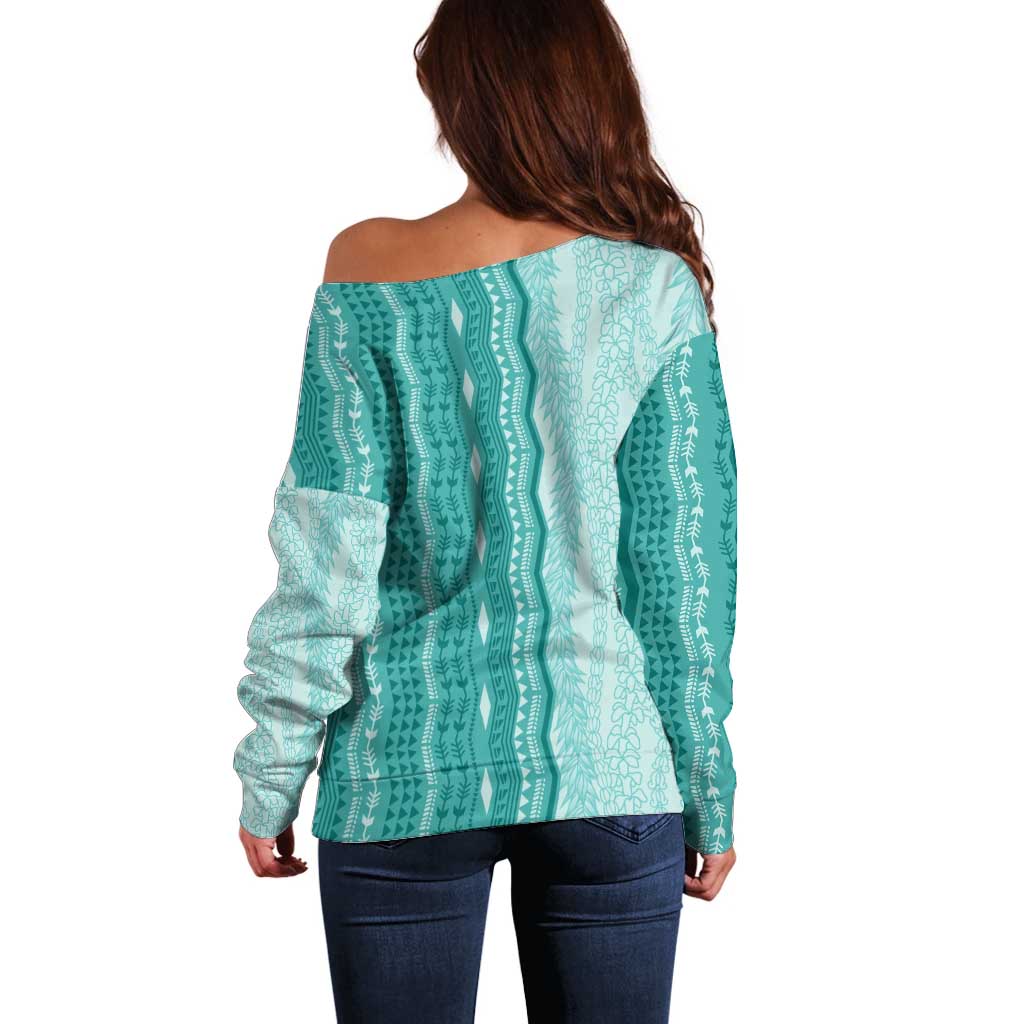Vintage Teal Hawaiian Traditional Kapa Mix Flowers Lei Off Shoulder Sweater