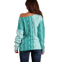 Vintage Teal Hawaiian Traditional Kapa Mix Flowers Lei Off Shoulder Sweater