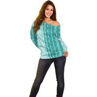 Vintage Teal Hawaiian Traditional Kapa Mix Flowers Lei Off Shoulder Sweater