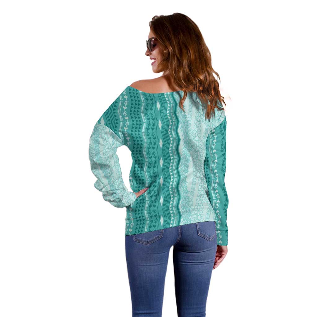 Vintage Teal Hawaiian Traditional Kapa Mix Flowers Lei Off Shoulder Sweater