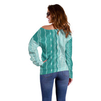 Vintage Teal Hawaiian Traditional Kapa Mix Flowers Lei Off Shoulder Sweater