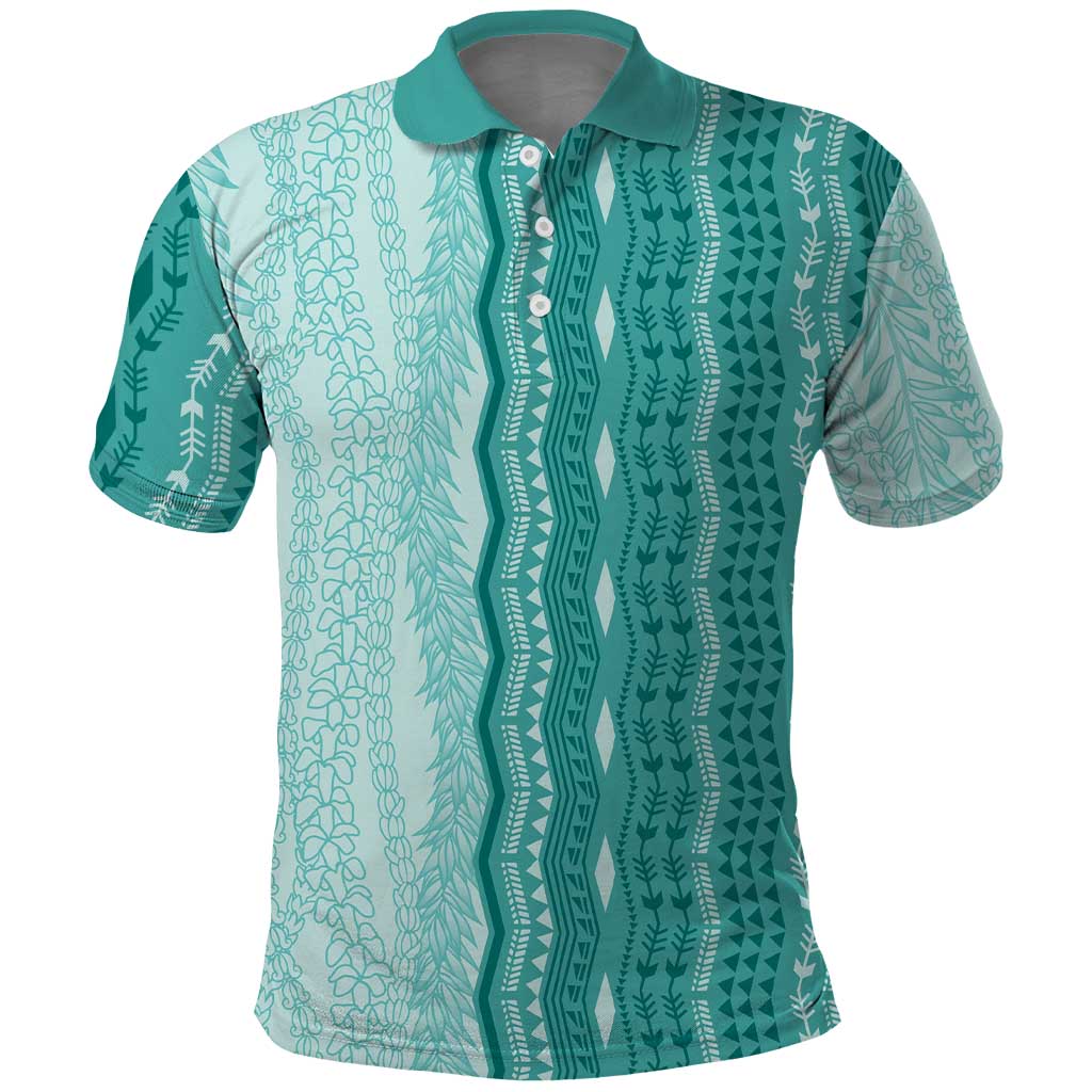 Vintage Teal Hawaiian Traditional Kapa Mix Flowers Lei Polo Shirt LT7 Teal - Polynesian Pride