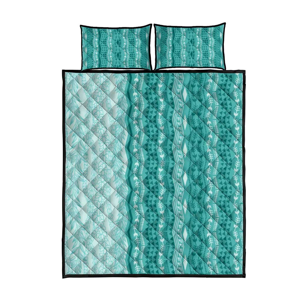 Vintage Teal Hawaiian Traditional Kapa Mix Flowers Lei Quilt Bed Set LT7 - Polynesian Pride