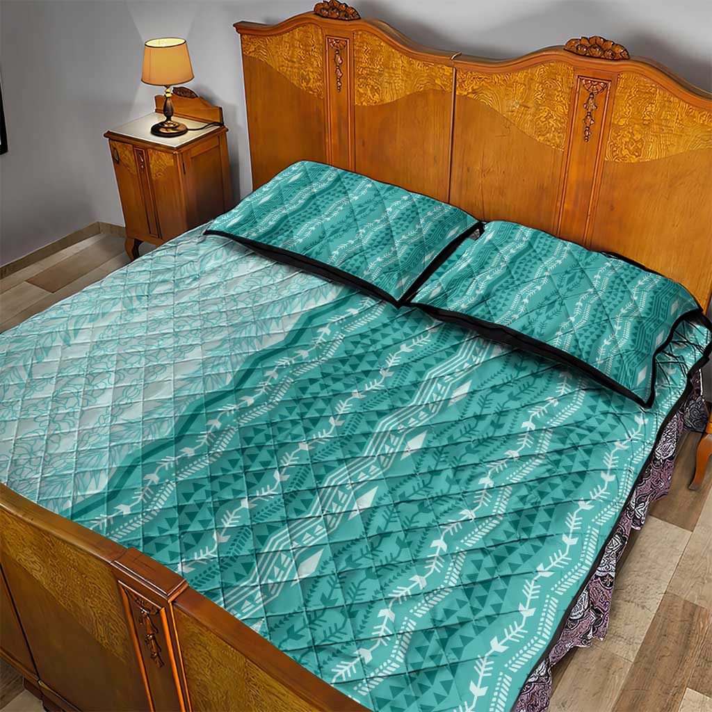 Vintage Teal Hawaiian Traditional Kapa Mix Flowers Lei Quilt Bed Set LT7 - Polynesian Pride