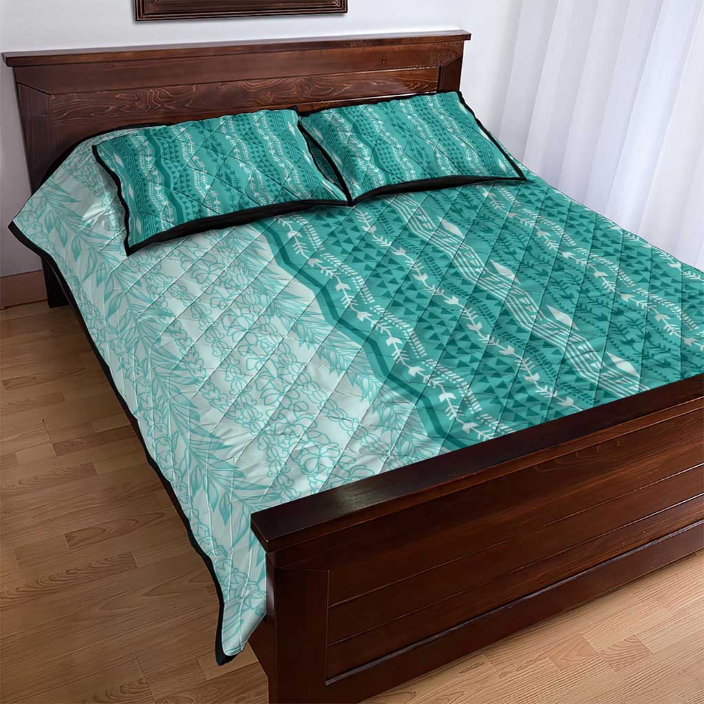 Vintage Teal Hawaiian Traditional Kapa Mix Flowers Lei Quilt Bed Set LT7 - Polynesian Pride