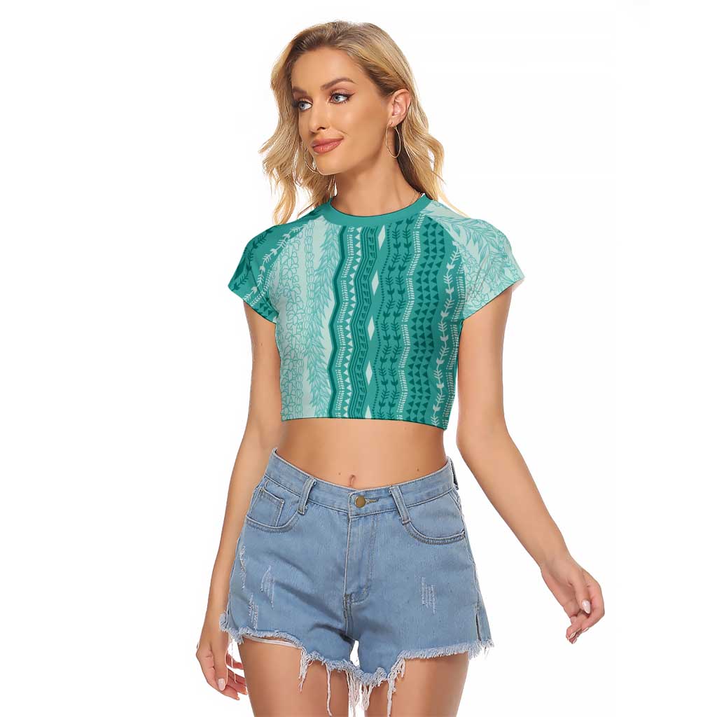 Vintage Teal Hawaiian Traditional Kapa Mix Flowers Lei Raglan Cropped T Shirt LT7 Female Teal - Polynesian Pride