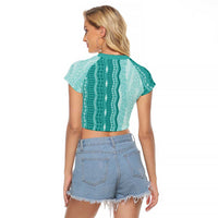 Vintage Teal Hawaiian Traditional Kapa Mix Flowers Lei Raglan Cropped T Shirt LT7 - Polynesian Pride