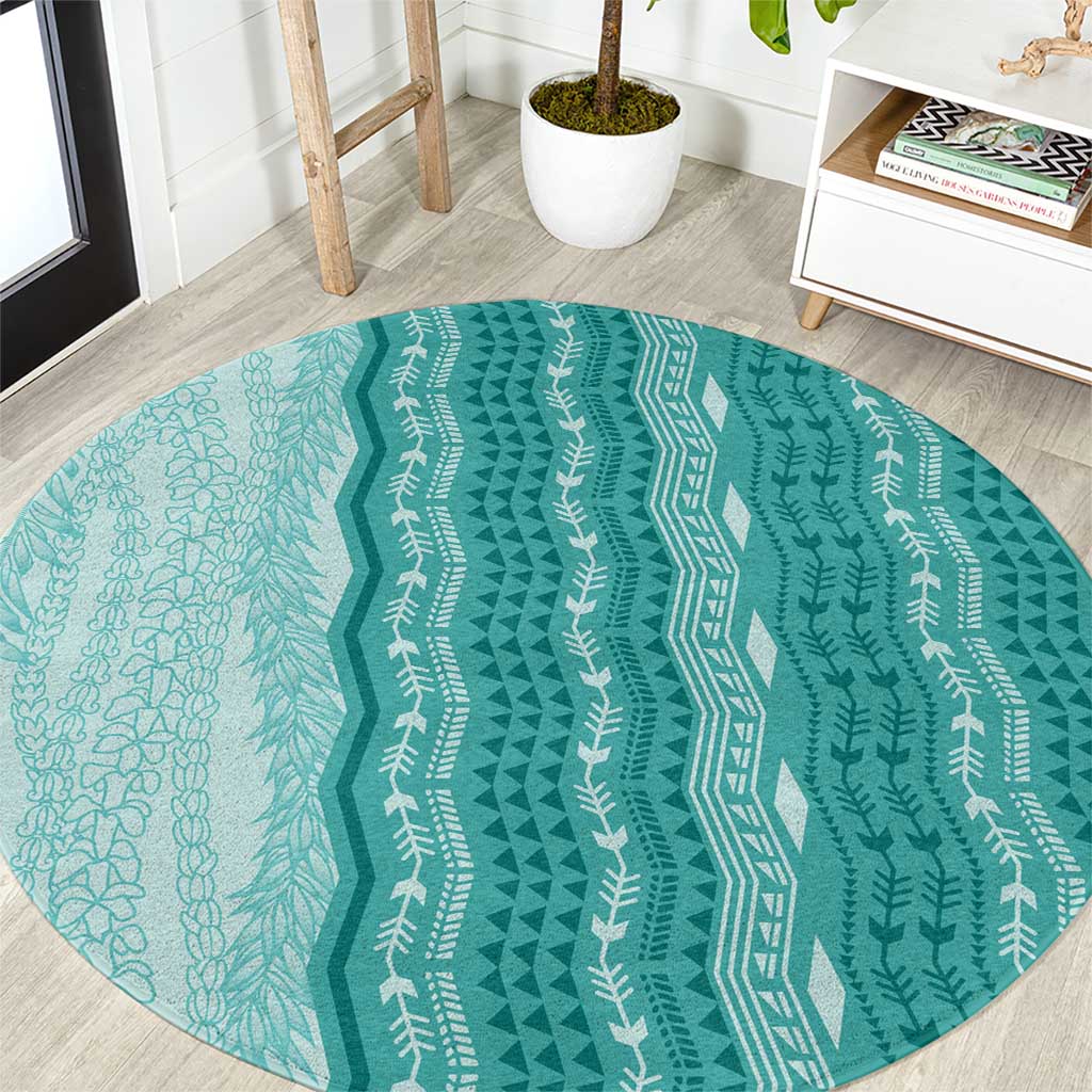 Vintage Teal Hawaiian Traditional Kapa Mix Flowers Lei Round Carpet LT7 Teal - Polynesian Pride
