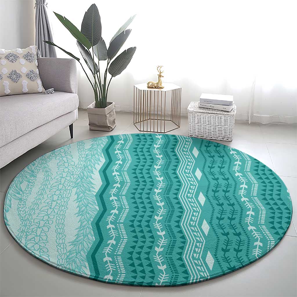 Vintage Teal Hawaiian Traditional Kapa Mix Flowers Lei Round Carpet LT7 - Polynesian Pride