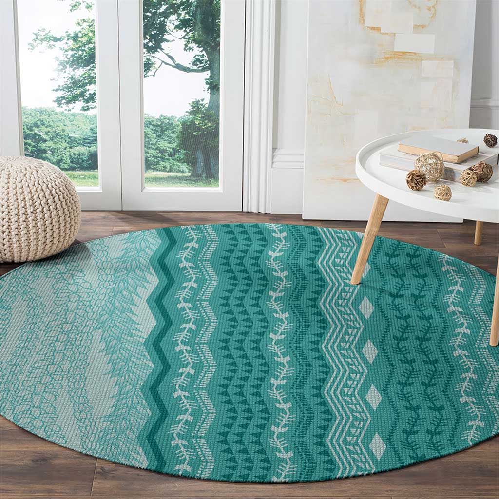 Vintage Teal Hawaiian Traditional Kapa Mix Flowers Lei Round Carpet LT7 - Polynesian Pride