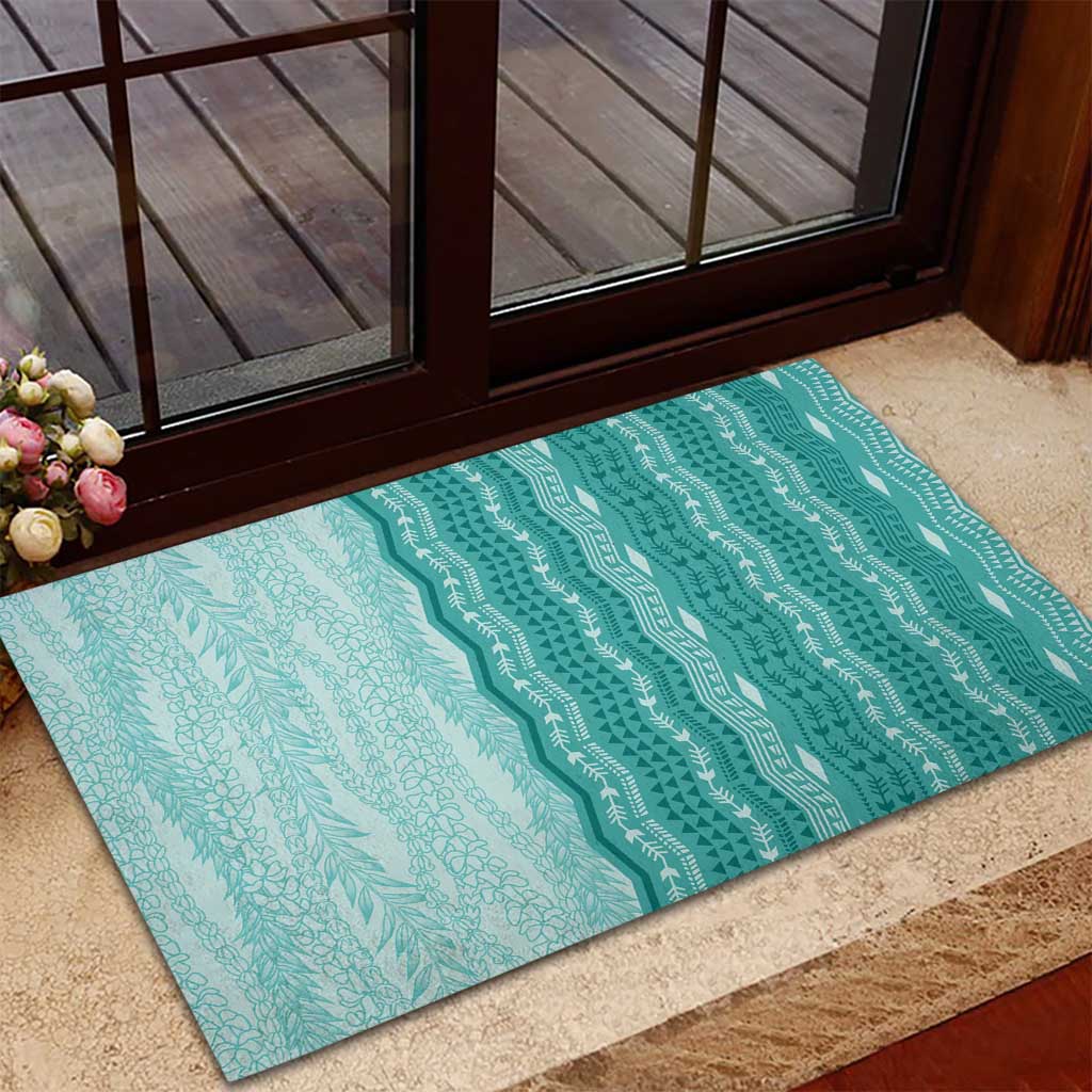 Vintage Teal Hawaiian Traditional Kapa Mix Flowers Lei Rubber Doormat LT7 - Polynesian Pride