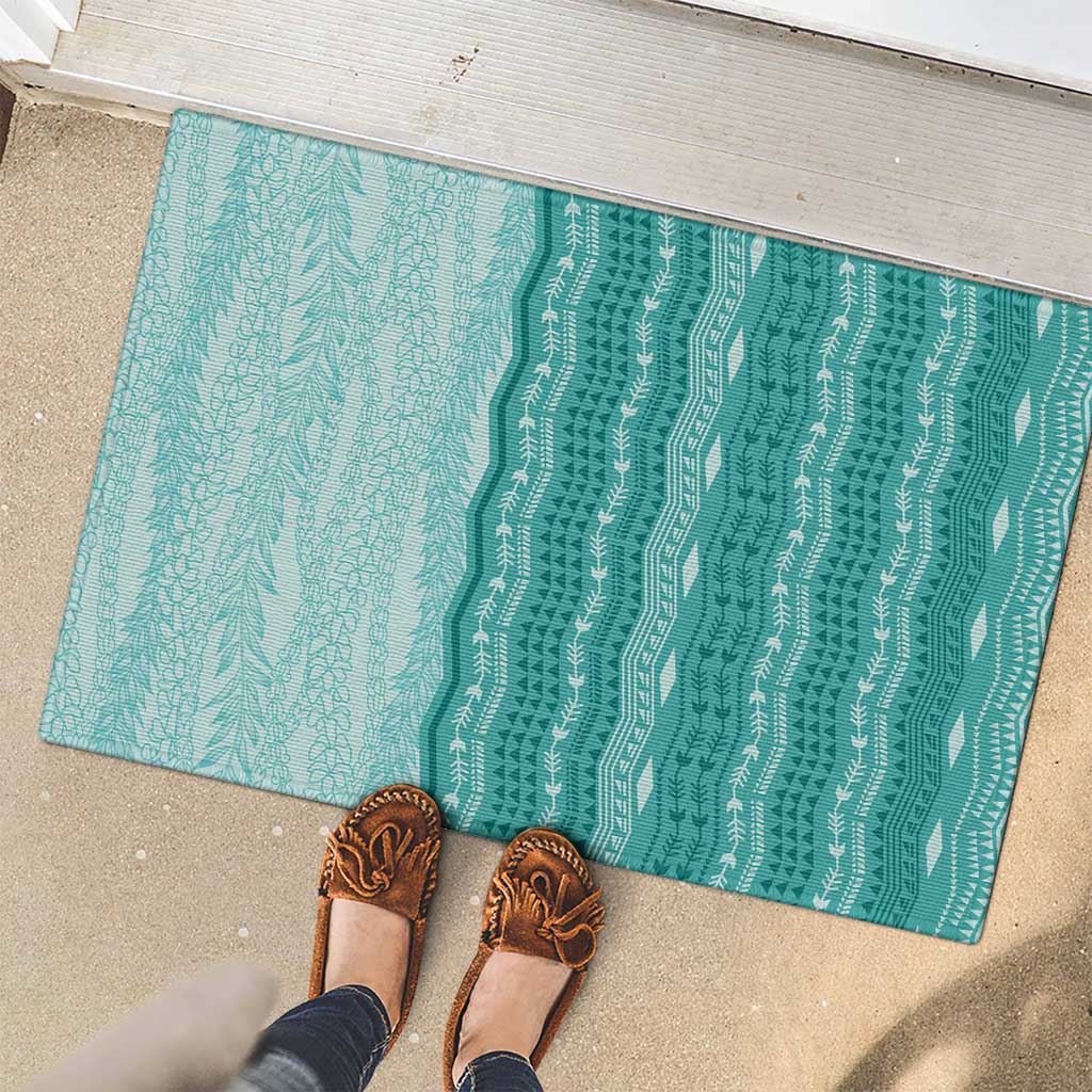 Vintage Teal Hawaiian Traditional Kapa Mix Flowers Lei Rubber Doormat LT7 - Polynesian Pride