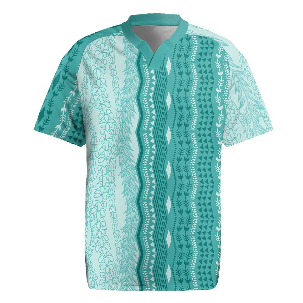 Vintage Teal Hawaiian Traditional Kapa Mix Flowers Lei Rugby Jersey LT7 Teal - Polynesian Pride
