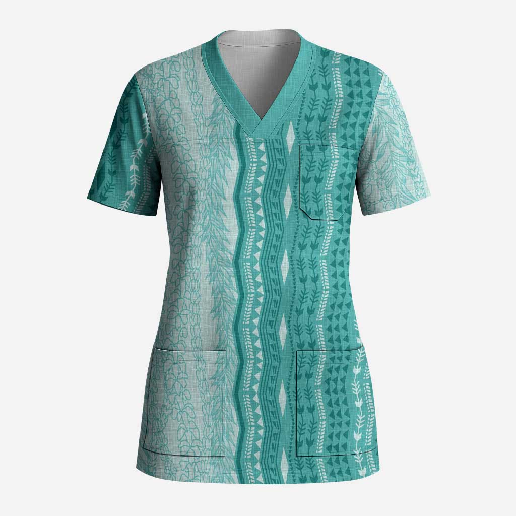 Vintage Teal Hawaiian Traditional Kapa Mix Flowers Lei Scrub Top LT7 Adult Teal - Polynesian Pride