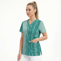 Vintage Teal Hawaiian Traditional Kapa Mix Flowers Lei Scrub Top LT7 - Polynesian Pride