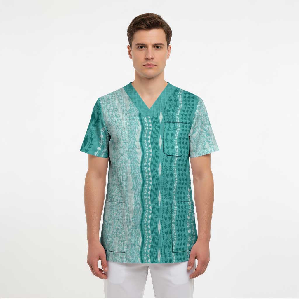 Vintage Teal Hawaiian Traditional Kapa Mix Flowers Lei Scrub Top LT7 - Polynesian Pride