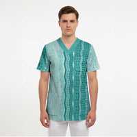Vintage Teal Hawaiian Traditional Kapa Mix Flowers Lei Scrub Top LT7 - Polynesian Pride