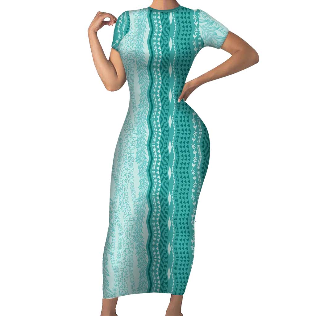Vintage Teal Hawaiian Traditional Kapa Mix Flowers Lei Short Sleeve Bodycon Dress LT7 Long Dress Teal - Polynesian Pride