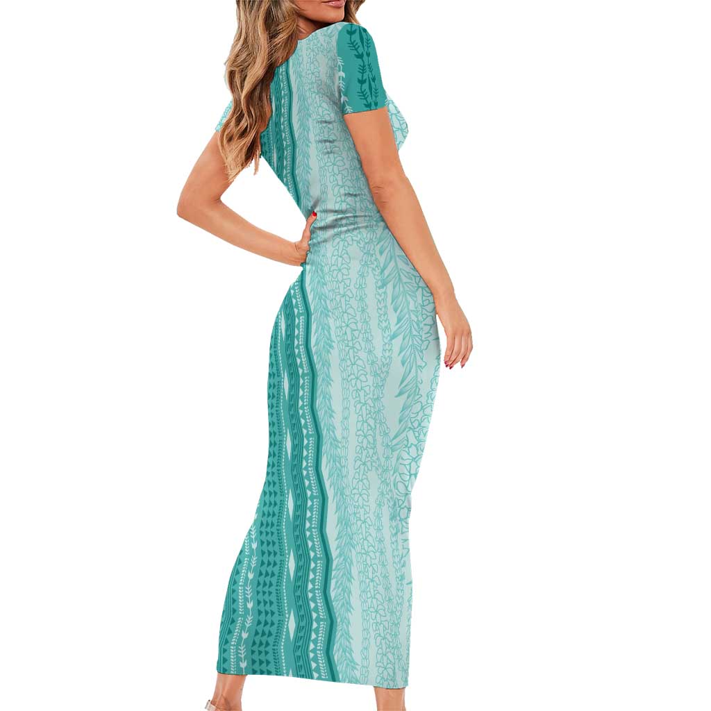 Vintage Teal Hawaiian Traditional Kapa Mix Flowers Lei Short Sleeve Bodycon Dress LT7 - Polynesian Pride