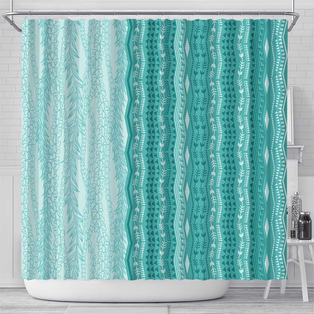 Vintage Teal Hawaiian Traditional Kapa Mix Flowers Lei Shower Curtain LT7 - Polynesian Pride