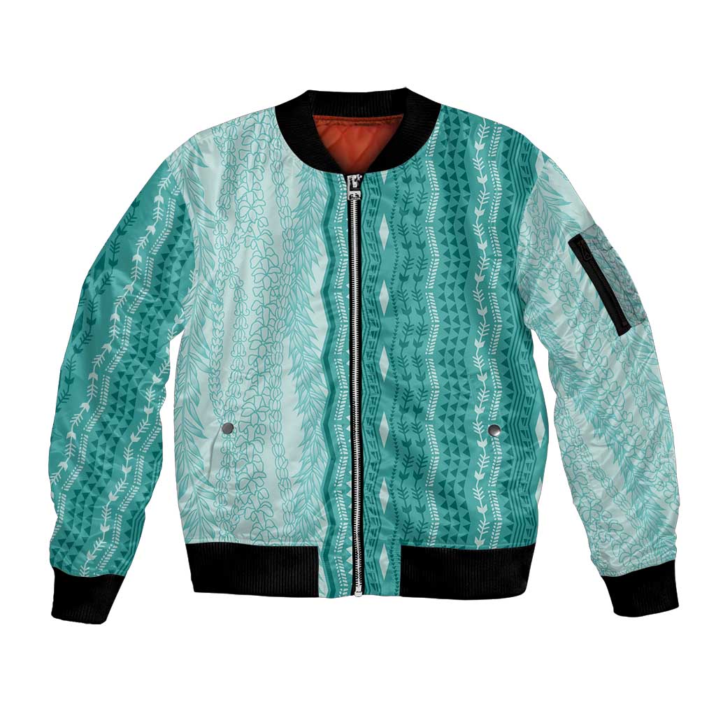 Vintage Teal Hawaiian Traditional Kapa Mix Flowers Lei Sleeve Zip Bomber Jacket
