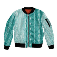 Vintage Teal Hawaiian Traditional Kapa Mix Flowers Lei Sleeve Zip Bomber Jacket