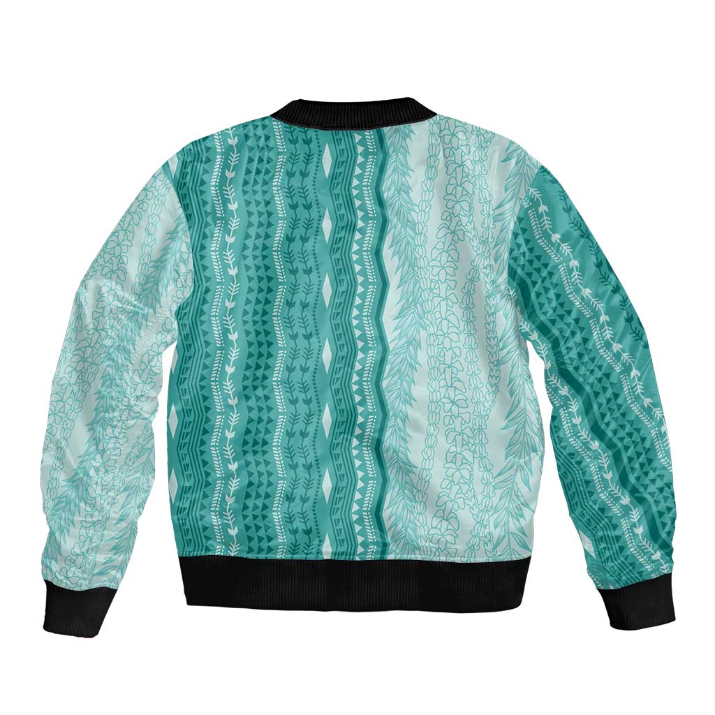 Vintage Teal Hawaiian Traditional Kapa Mix Flowers Lei Sleeve Zip Bomber Jacket