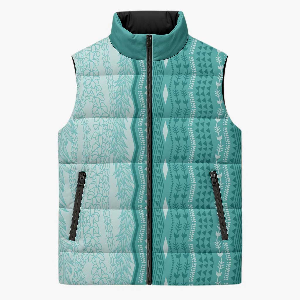 Vintage Teal Hawaiian Traditional Kapa Mix Flowers Lei Sleeveless Puffer Jacket LT7 Unisex Teal - Polynesian Pride