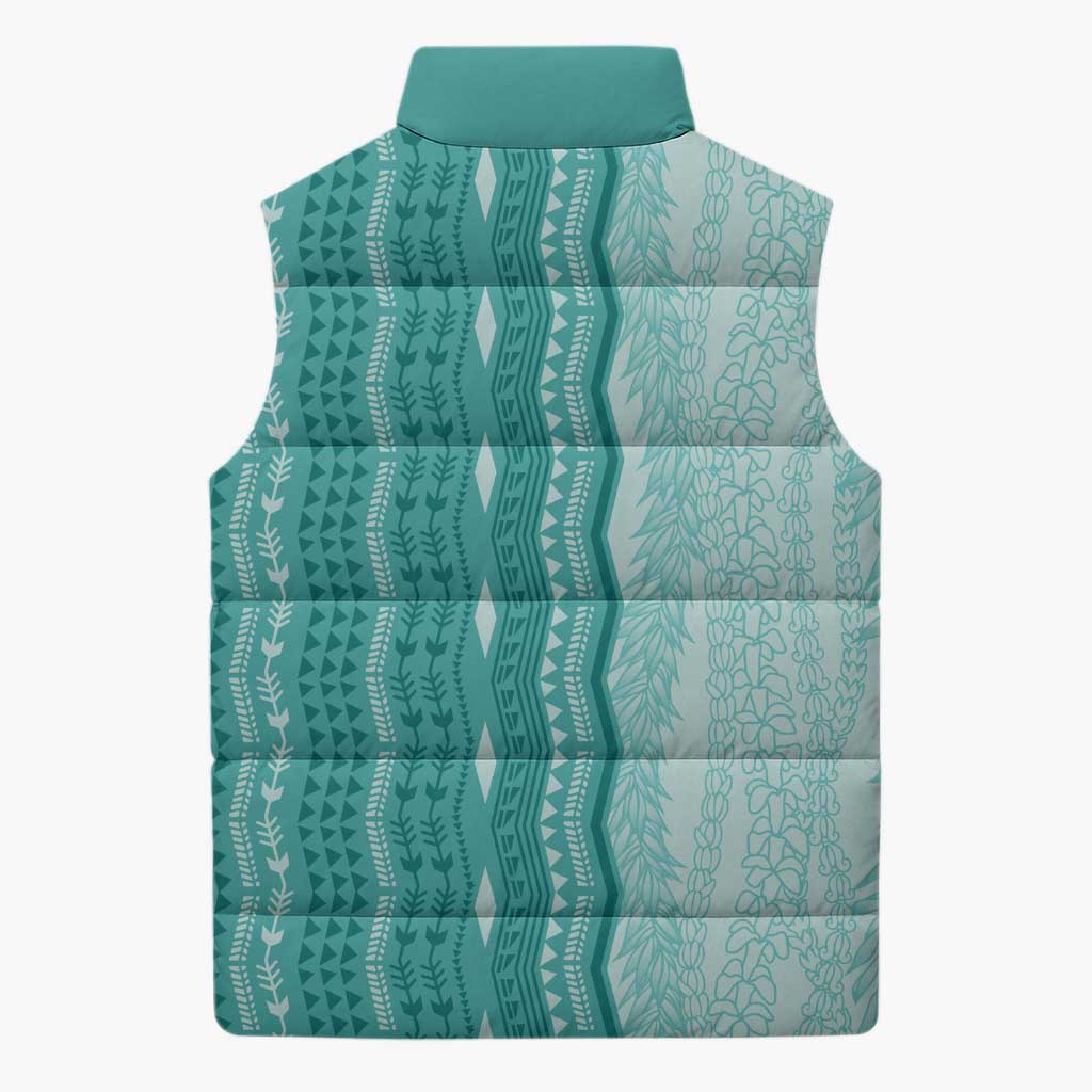 Vintage Teal Hawaiian Traditional Kapa Mix Flowers Lei Sleeveless Puffer Jacket LT7 - Polynesian Pride