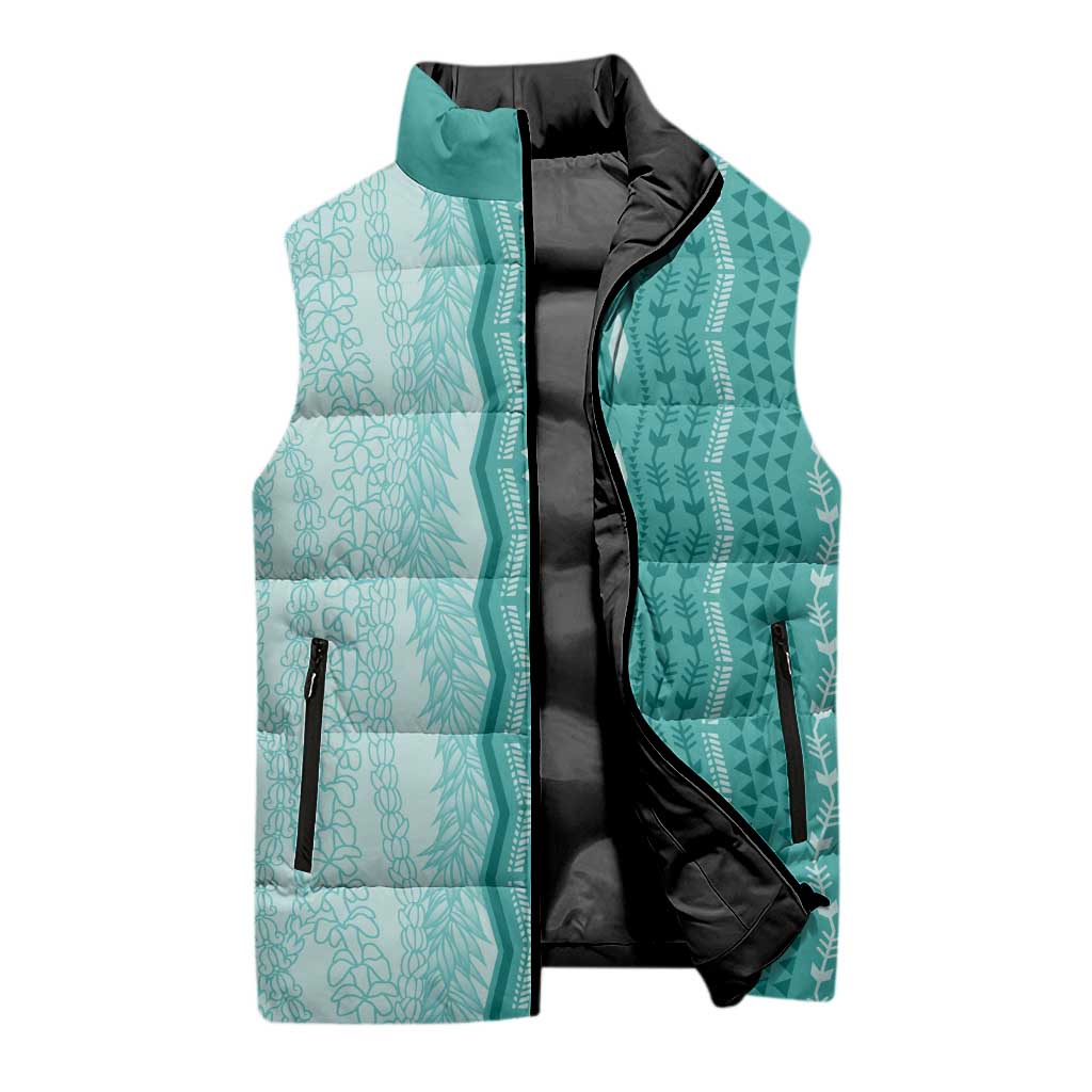 Vintage Teal Hawaiian Traditional Kapa Mix Flowers Lei Sleeveless Puffer Jacket LT7 - Polynesian Pride