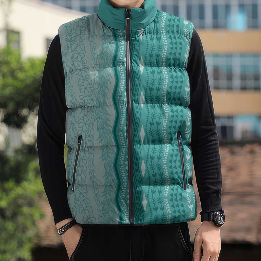 Vintage Teal Hawaiian Traditional Kapa Mix Flowers Lei Sleeveless Puffer Jacket LT7 - Polynesian Pride
