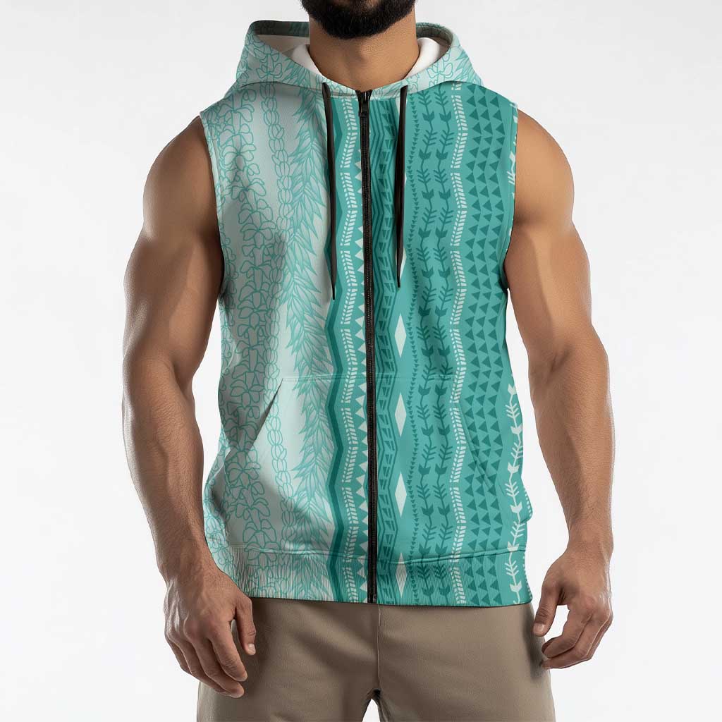 Vintage Teal Hawaiian Traditional Kapa Mix Flowers Lei Sleeveless Zip Hoodie LT7 - Polynesian Pride