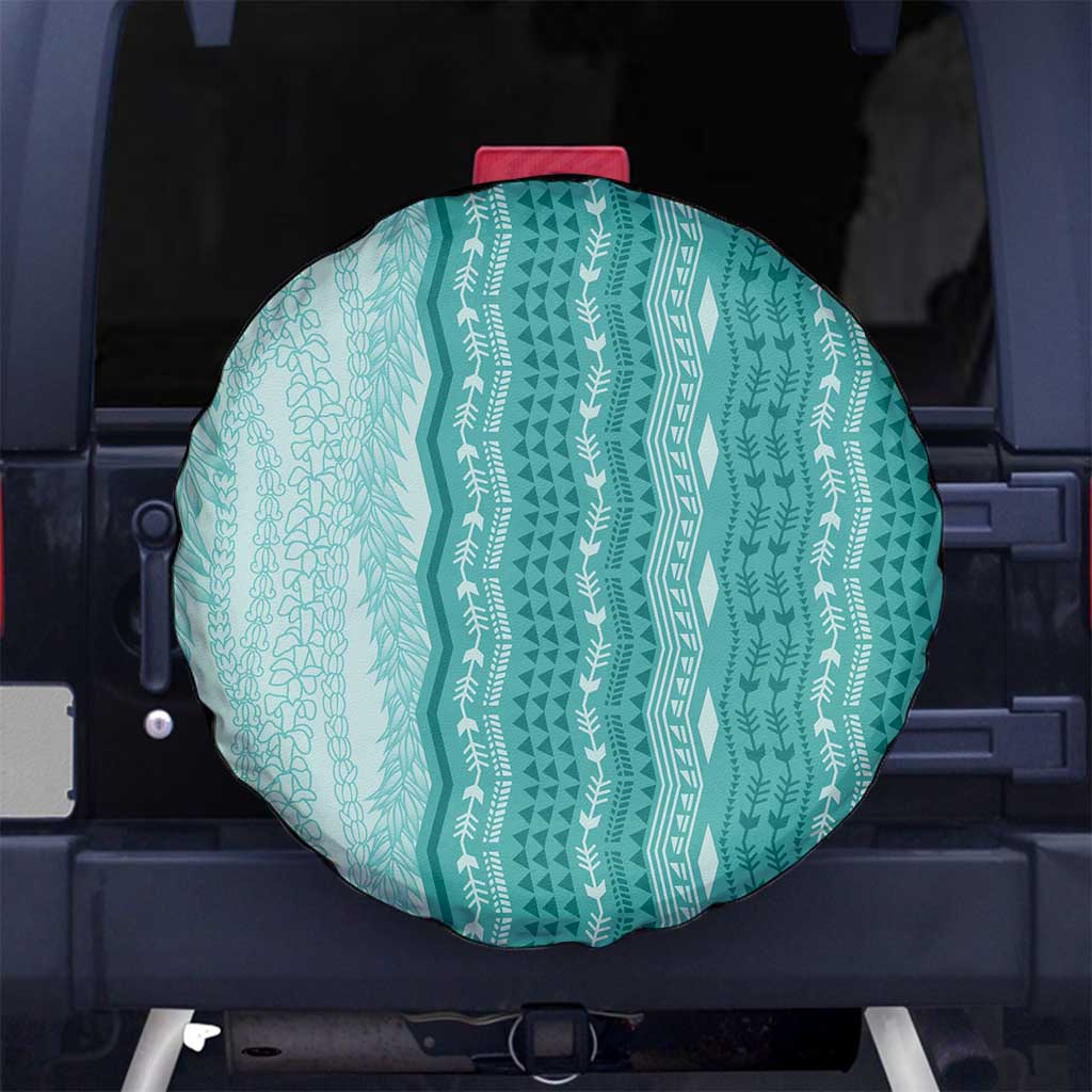 Vintage Teal Hawaiian Traditional Kapa Mix Flowers Lei Spare Tire Cover LT7 No hole Teal - Polynesian Pride