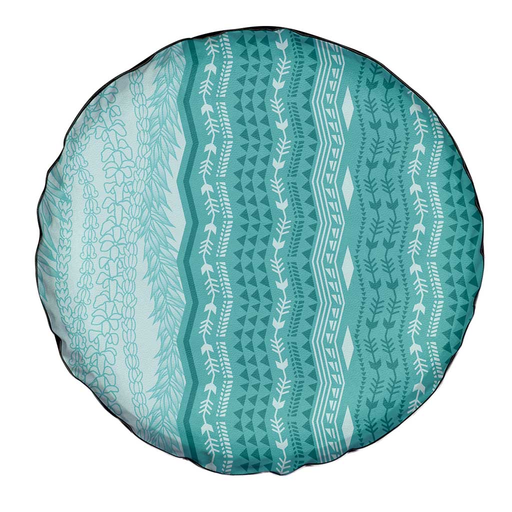 Vintage Teal Hawaiian Traditional Kapa Mix Flowers Lei Spare Tire Cover LT7 - Polynesian Pride