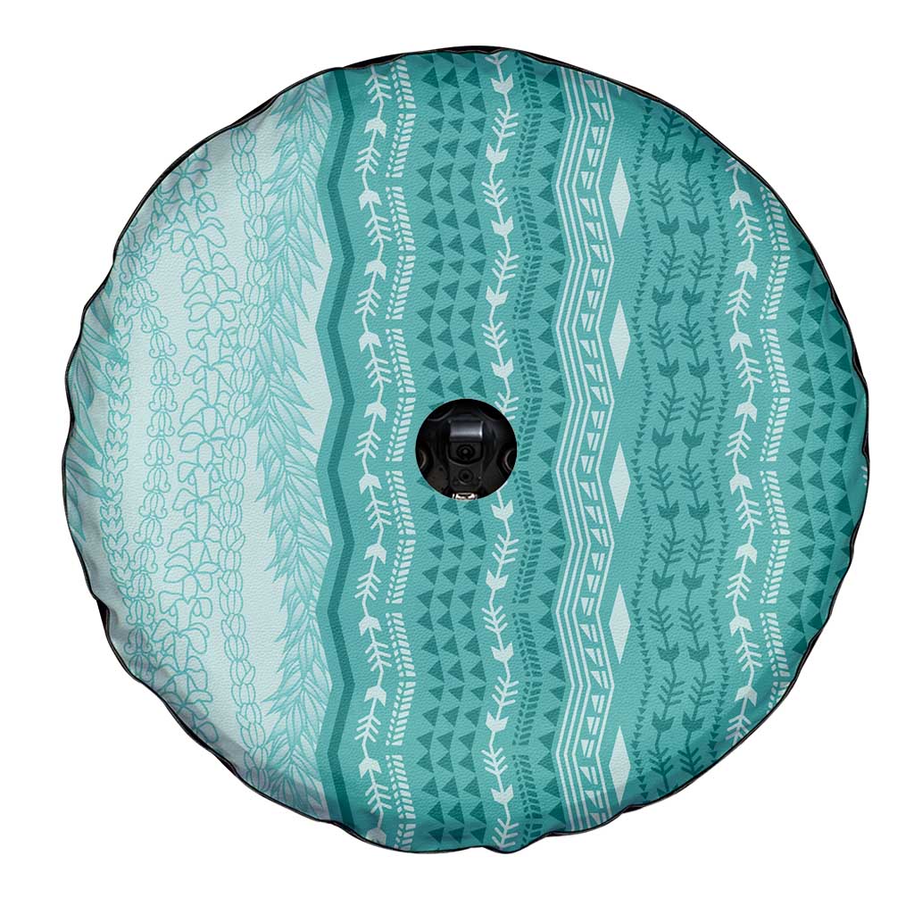 Vintage Teal Hawaiian Traditional Kapa Mix Flowers Lei Spare Tire Cover LT7 - Polynesian Pride