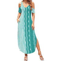 Vintage Teal Hawaiian Traditional Kapa Mix Flowers Lei Summer Maxi Dress LT7 Women Teal - Polynesian Pride