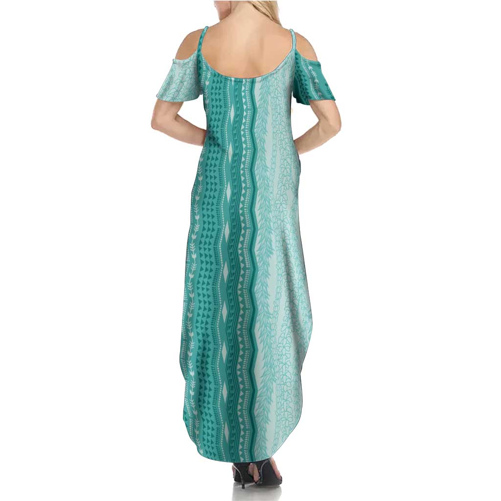 Vintage Teal Hawaiian Traditional Kapa Mix Flowers Lei Summer Maxi Dress LT7 - Polynesian Pride
