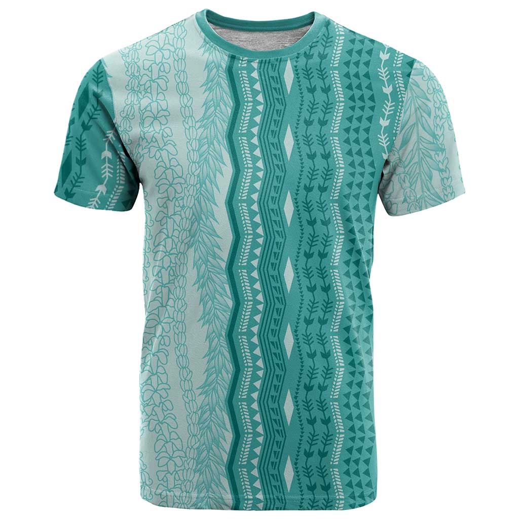 Vintage Teal Hawaiian Traditional Kapa Mix Flowers Lei T Shirt LT7 Teal - Polynesian Pride