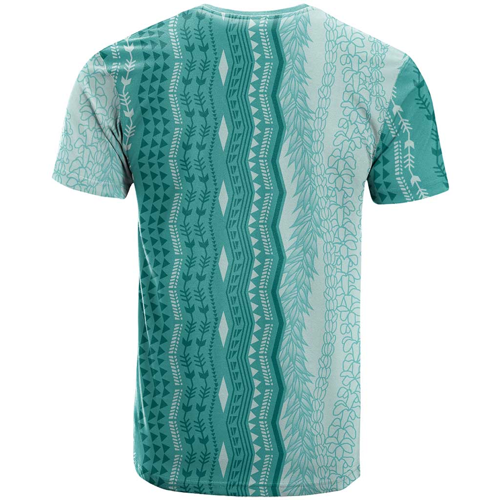 Vintage Teal Hawaiian Traditional Kapa Mix Flowers Lei T Shirt