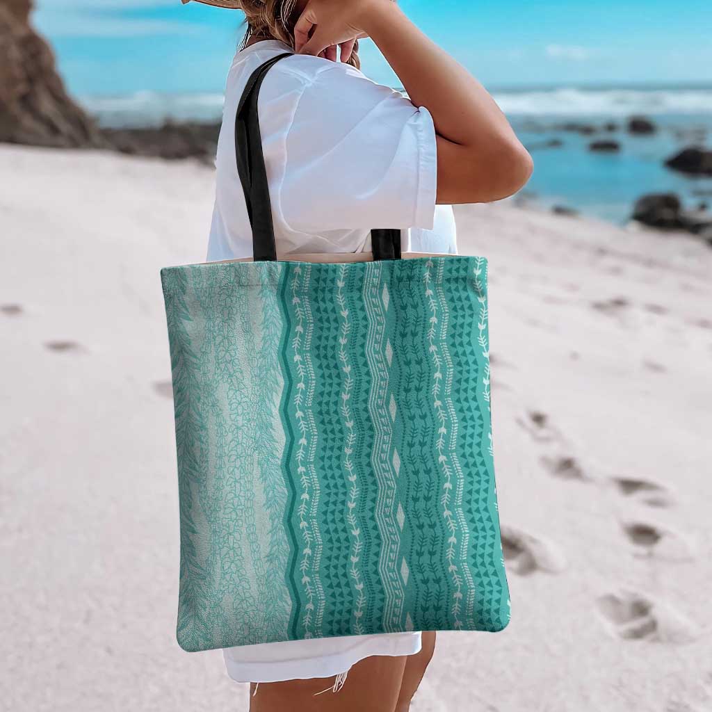 Vintage Teal Hawaiian Traditional Kapa Mix Flowers Lei Tote Bag LT7 - Polynesian Pride