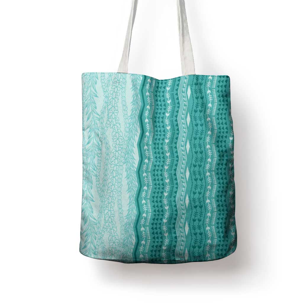 Vintage Teal Hawaiian Traditional Kapa Mix Flowers Lei Tote Bag LT7 - Polynesian Pride