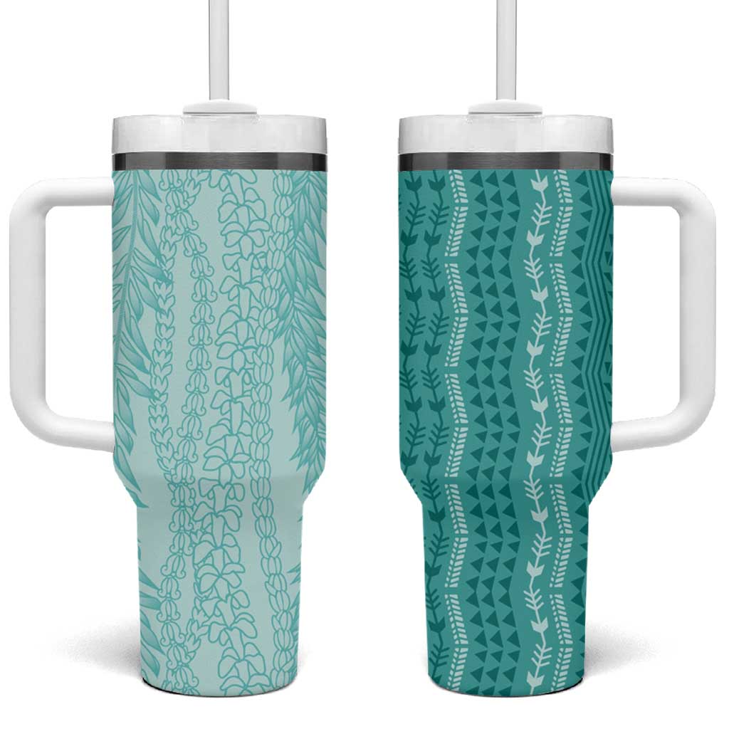Vintage Teal Hawaiian Traditional Kapa Mix Flowers Lei Tumbler With Handle LT7 One Size: 40 oz Teal - Polynesian Pride