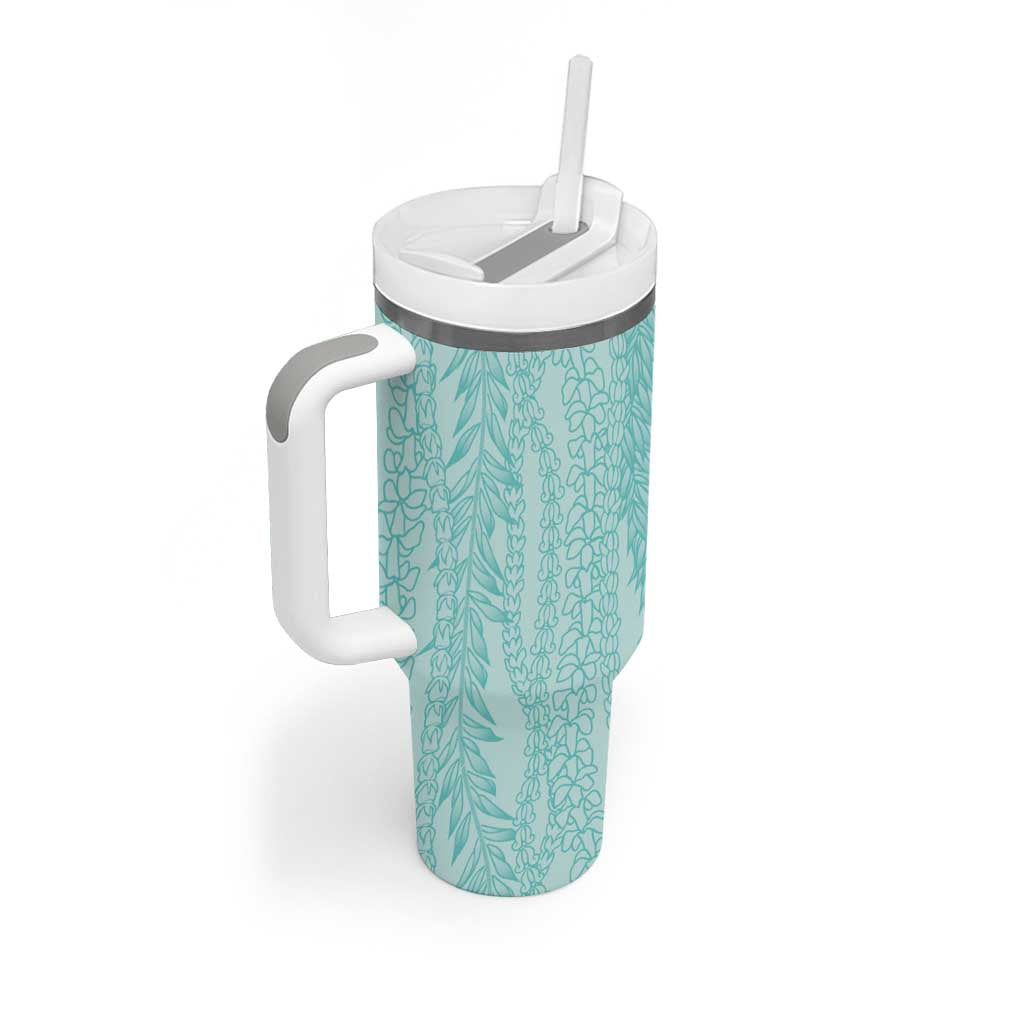 Vintage Teal Hawaiian Traditional Kapa Mix Flowers Lei Tumbler With Handle
