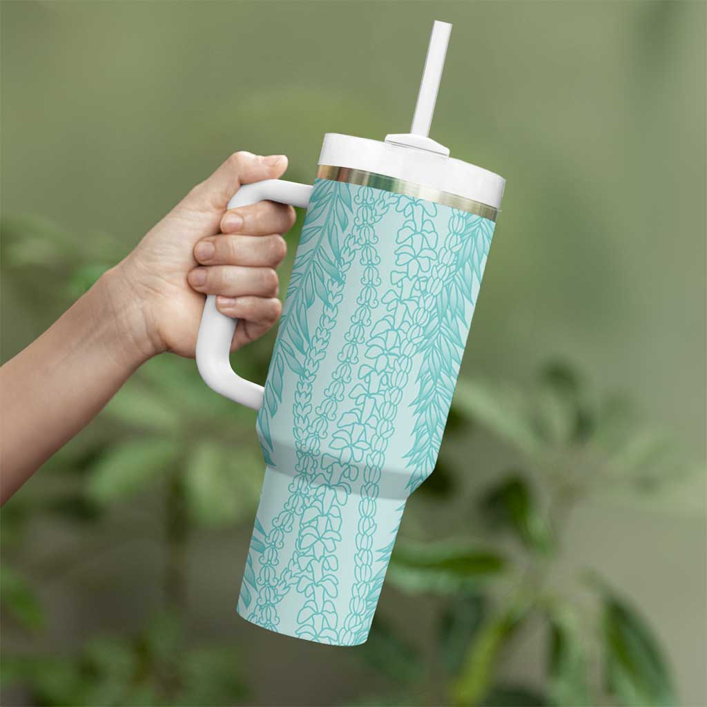 Vintage Teal Hawaiian Traditional Kapa Mix Flowers Lei Tumbler With Handle