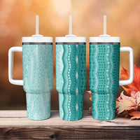 Vintage Teal Hawaiian Traditional Kapa Mix Flowers Lei Tumbler With Handle