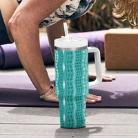 Vintage Teal Hawaiian Traditional Kapa Mix Flowers Lei Tumbler With Handle