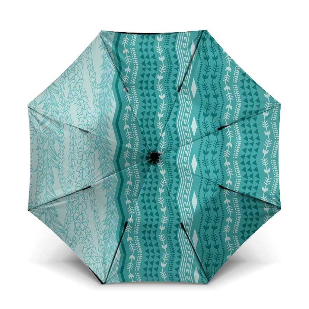 Vintage Teal Hawaiian Traditional Kapa Mix Flowers Lei Umbrella LT7 One Size Folded 11.42 inch Opened Diameter 37.4 inch Teal - Polynesian Pride