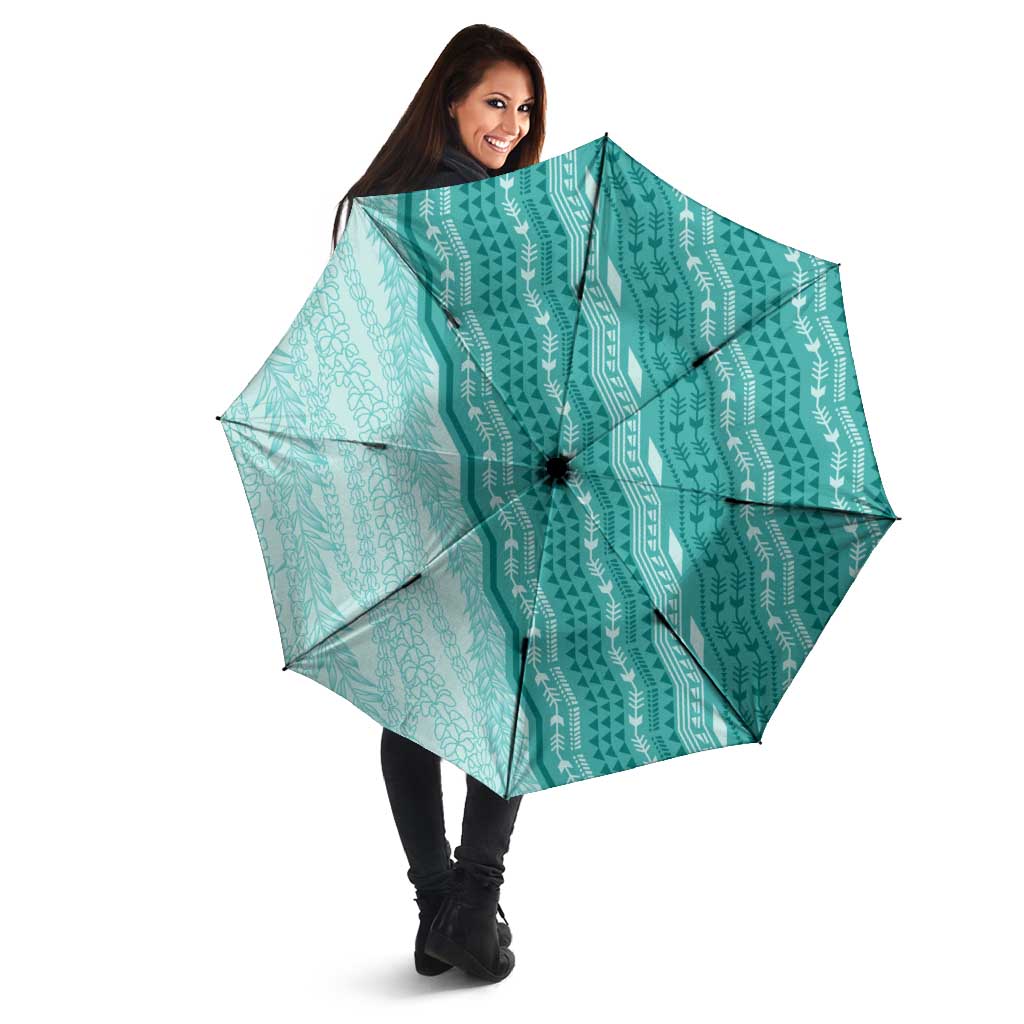 Vintage Teal Hawaiian Traditional Kapa Mix Flowers Lei Umbrella LT7 - Polynesian Pride