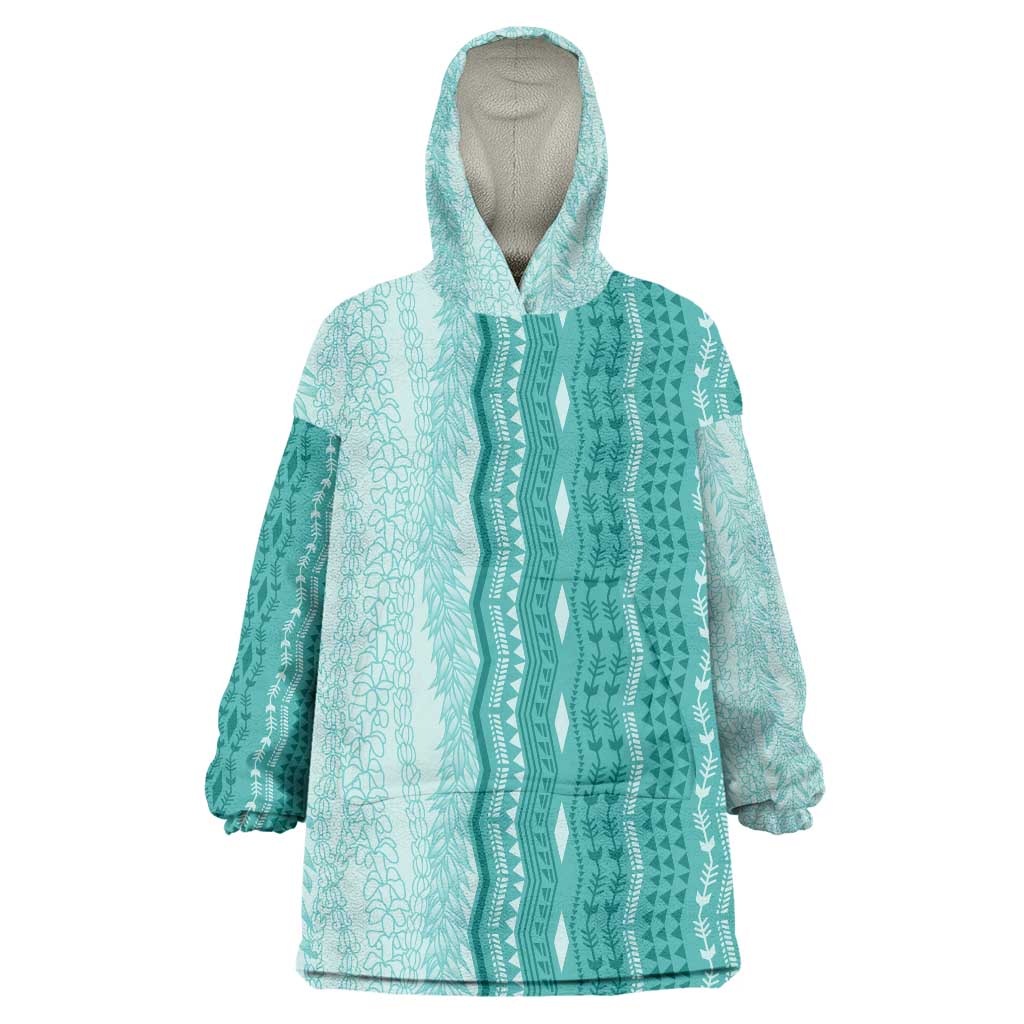 Vintage Teal Hawaiian Traditional Kapa Mix Flowers Lei Wearable Blanket Hoodie LT7 One Size Teal - Polynesian Pride